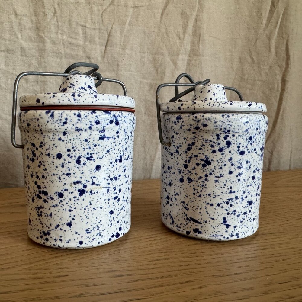 Vintage Blue and White Speckled Stoneware Crocks (2)
